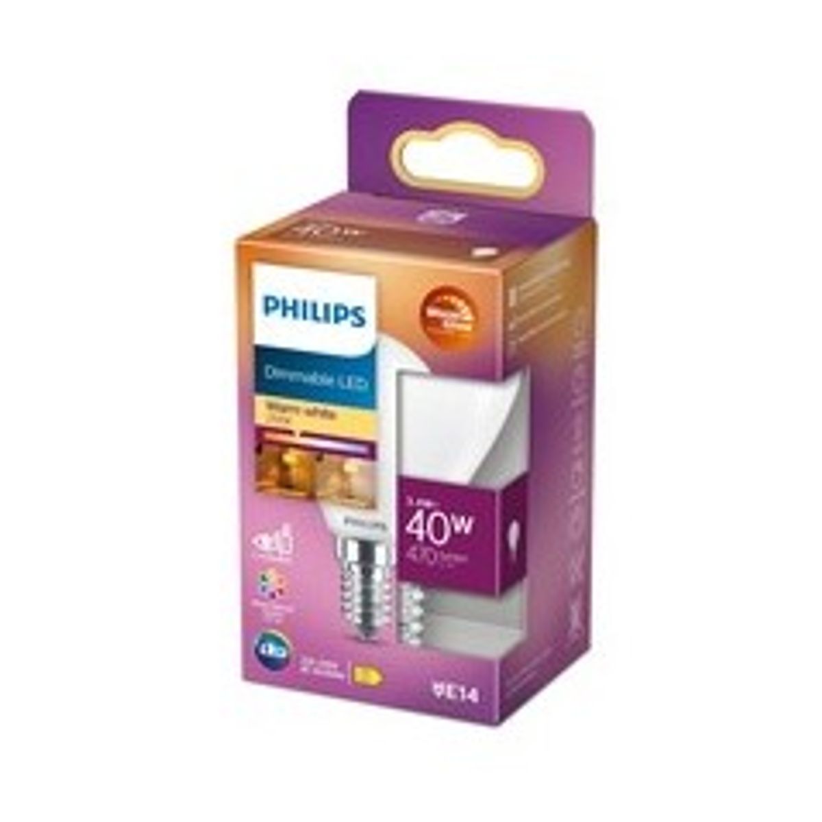 Philips LED-lyspære 3.4W D 470lumen 2200-2700K Varmt hvidt lys