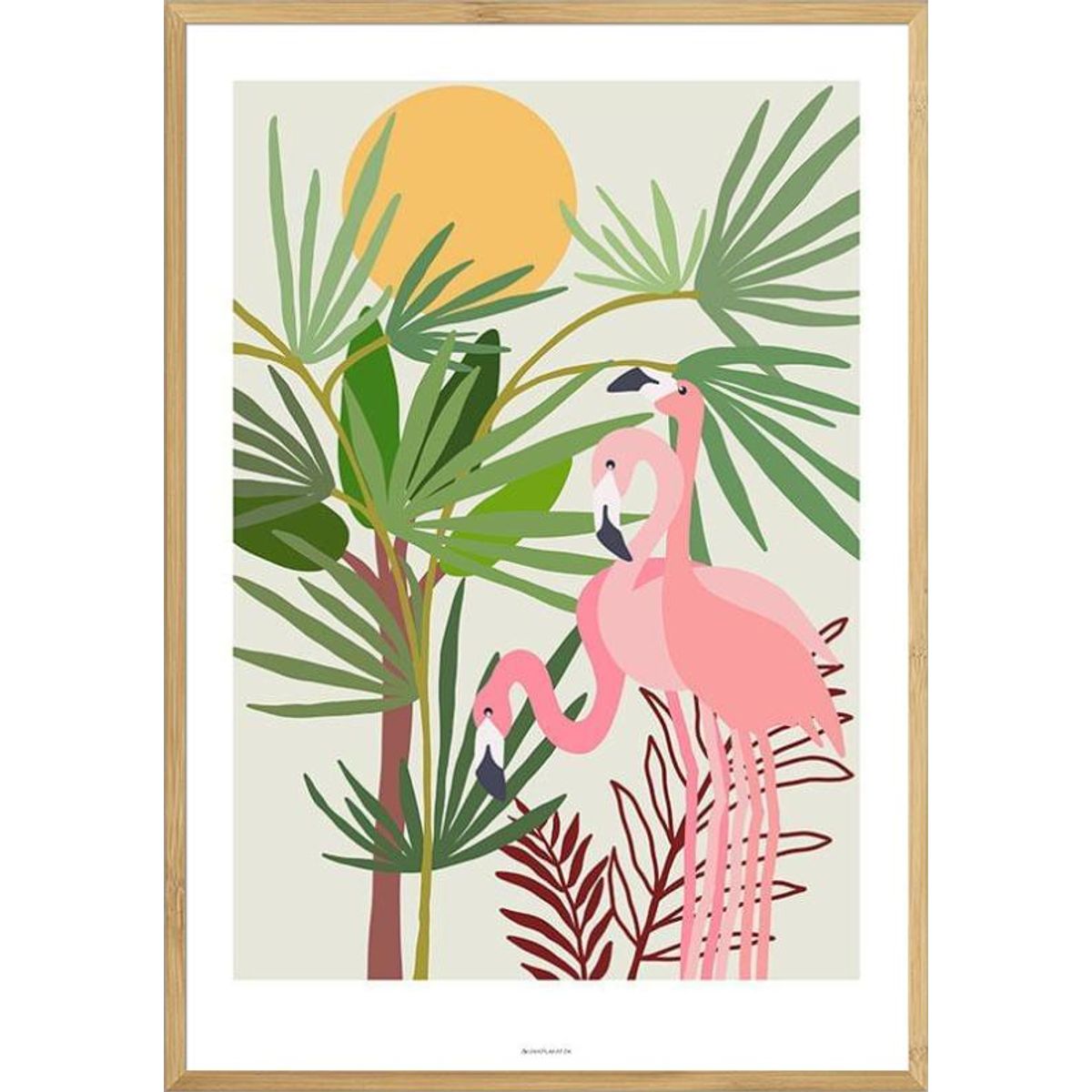 Grafisk plakat med tre flamingoer