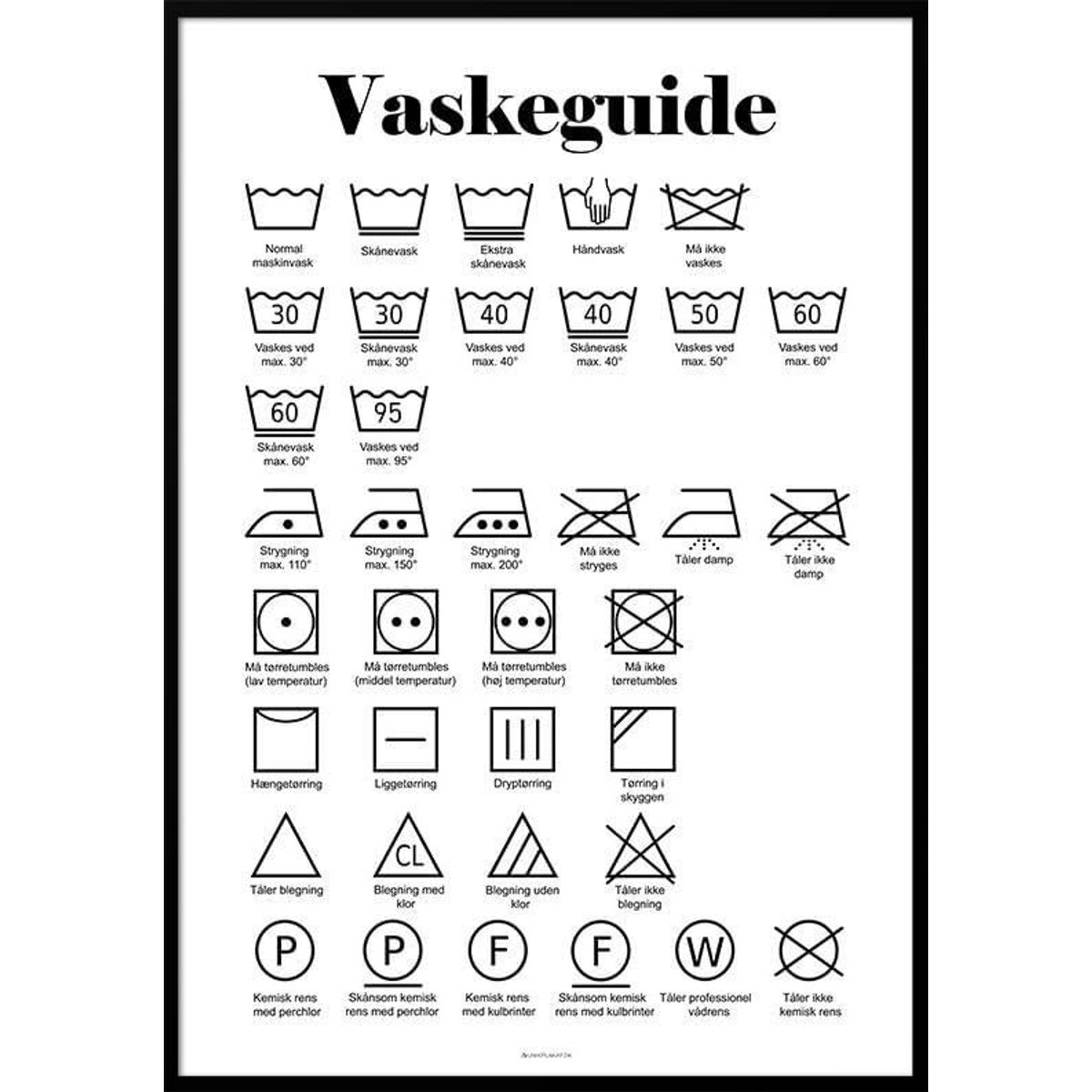 Vaskeplakat med vaskeanvisning og symboler - hvid baggrund