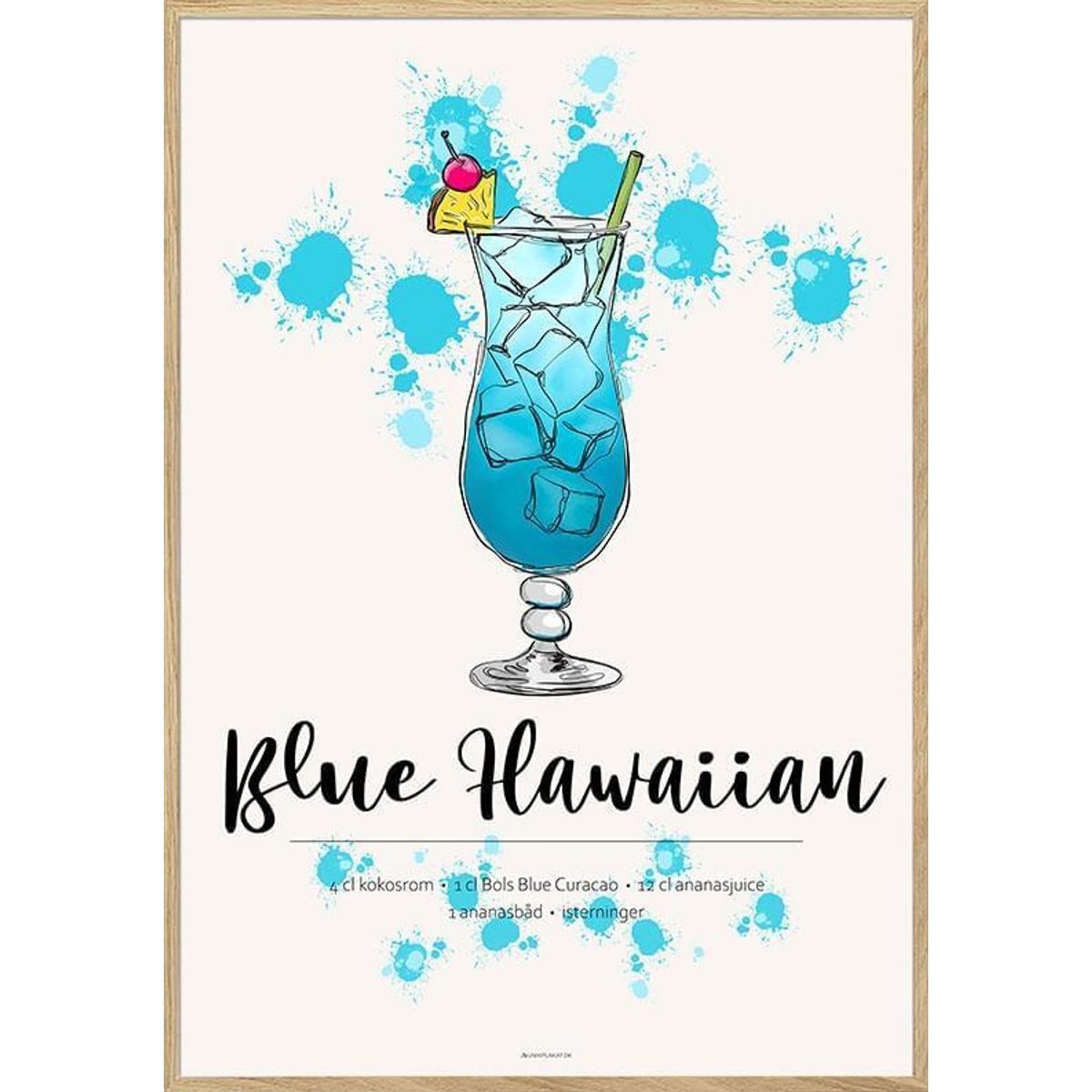 Plakat med Blue Hawaiian drink opskrift