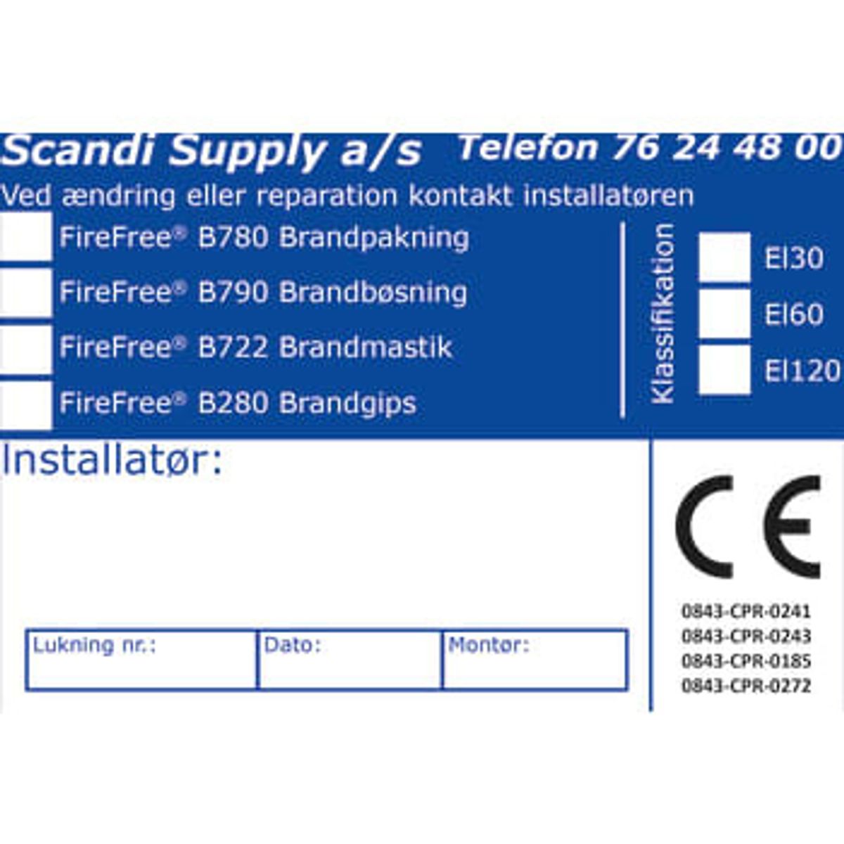 Scandi Supply Mærkat CE-Etiket til brandlukning B780-B790-B722-B280