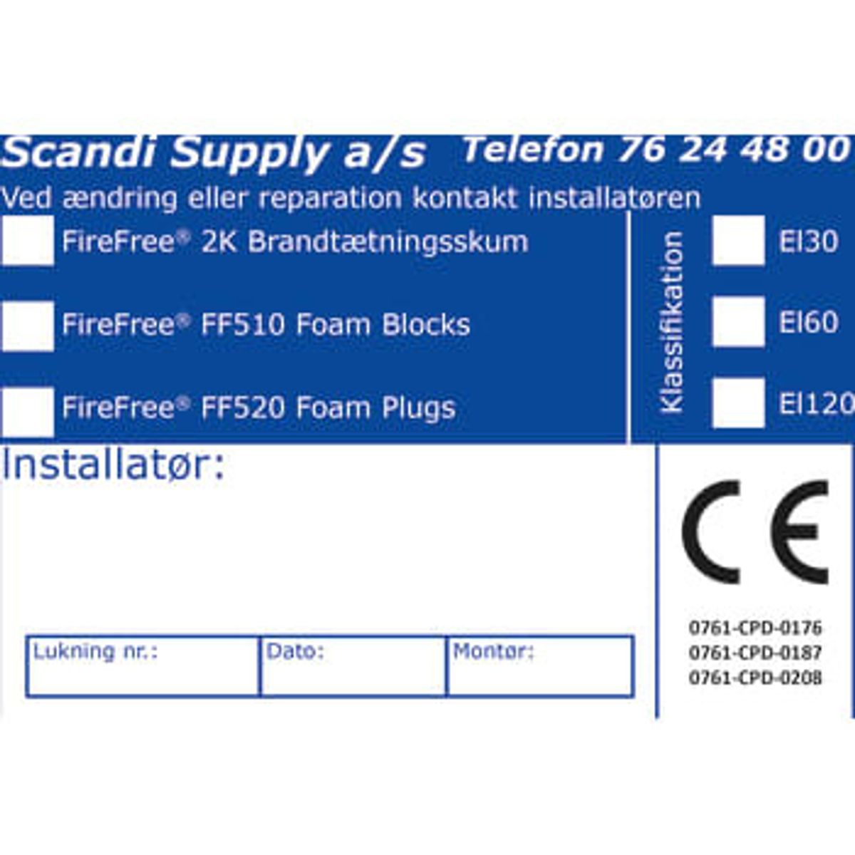 Scandi Supply Mærkat CE-Etiket til brandlukning Foam Plug/Block og 2K BTS