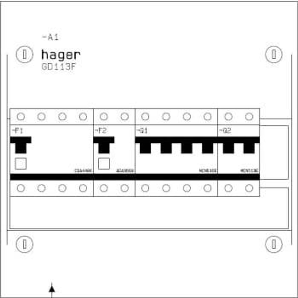 Hager Boligtavle 1R 1xHPFI, 1xkombi 13A, 1x1P+N 13A, 1x3P+N 16A, GD113F