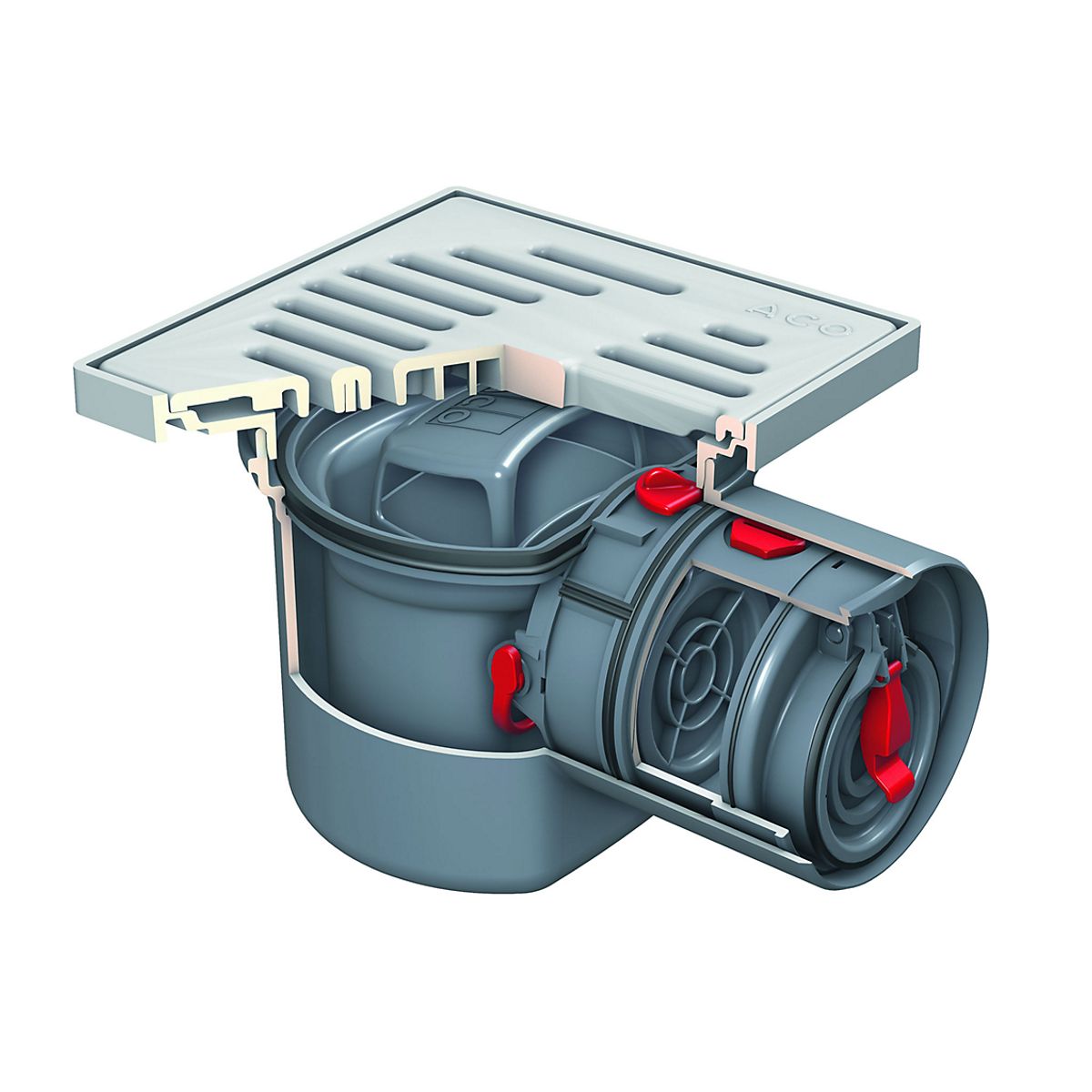 ACO Junior kælderafløb m/hv.lukke 110mm, m/ 2 klapper, vandlås og grå plastrist