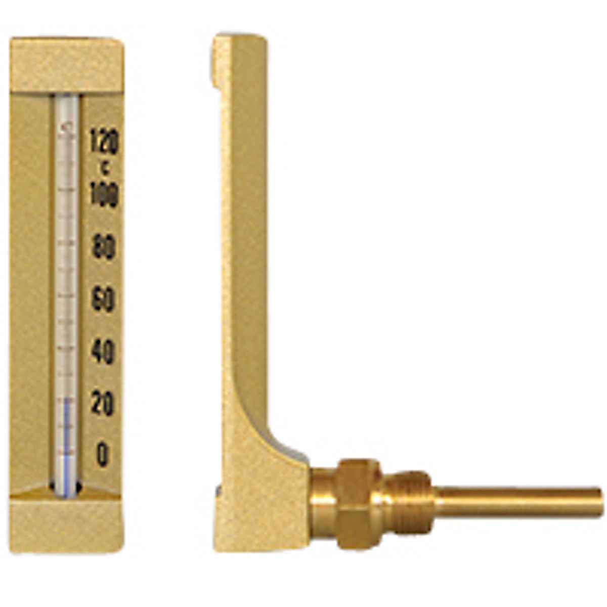 Erik Færgemann maskintermometer 1/2'' x 63 mm, vinkel. 0-120C, h=150. messing