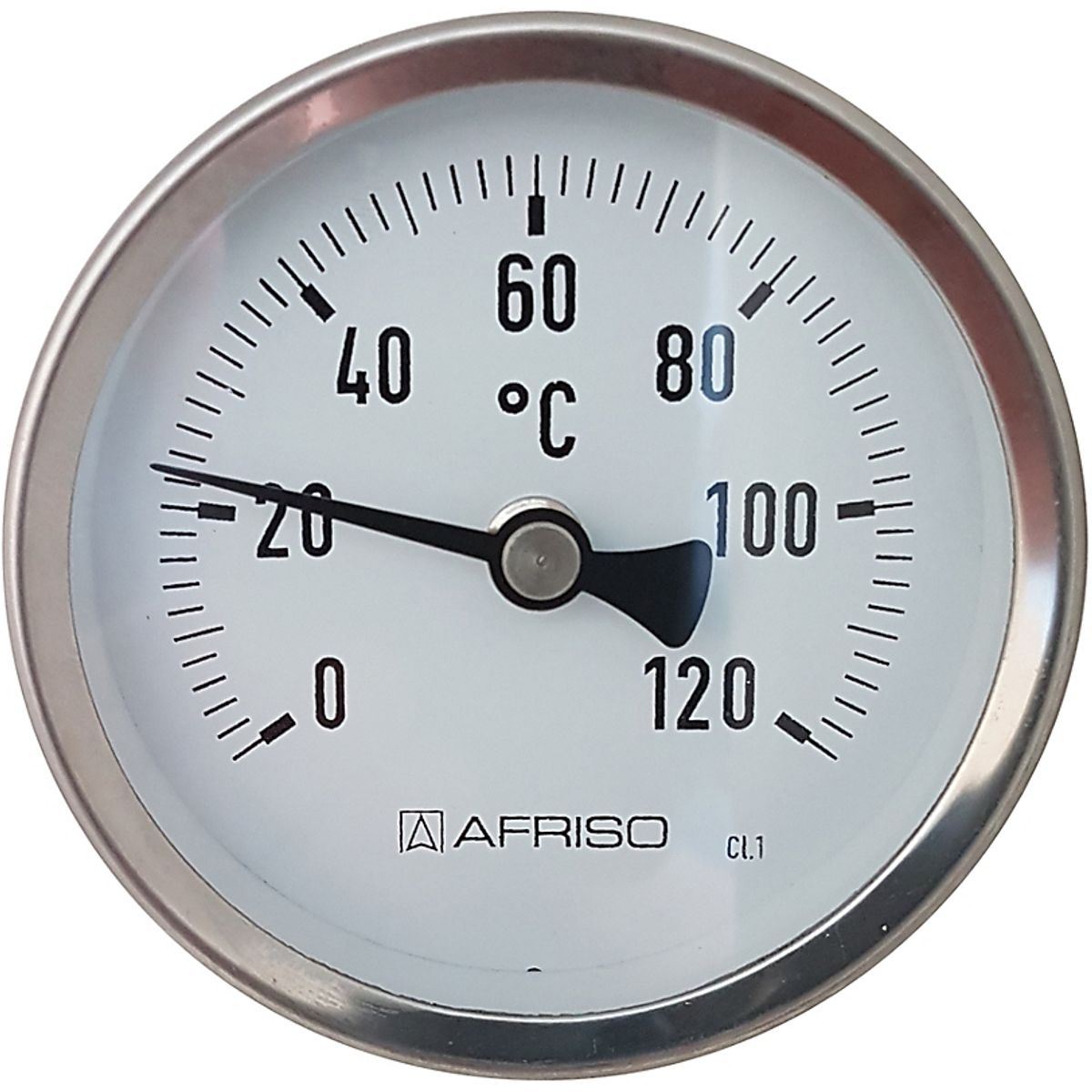 Erik Færgemann Termometer Ø83x100 mm, 0-120C. Rustfrit/Syrefast stål. Føler: Ø8 mm bagud, Nøjagtigh: Kl 1,0