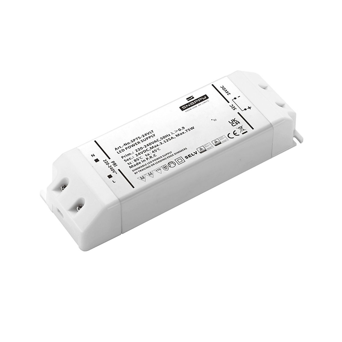 Snappy LED Driver 75W 24VDC, robust, med Triac dim (for-/bagkants-dæmp)