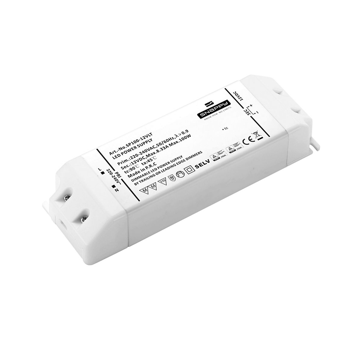 Snappy LED Driver 100W 12VDC, robust, med Triac dim (for-/bagkants-dæmp)