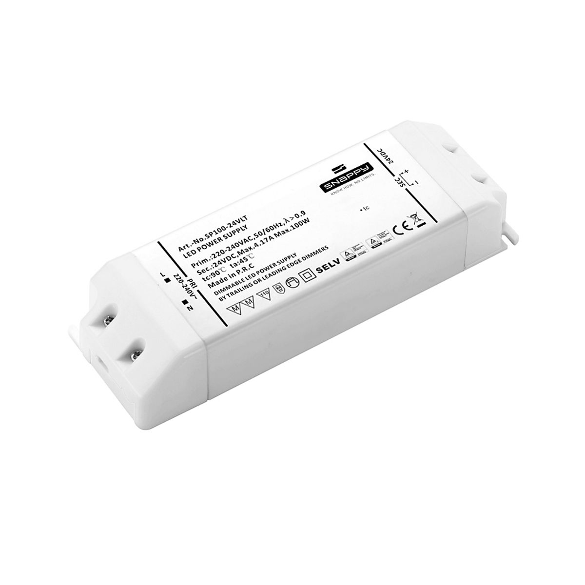 Snappy LED Driver 100W 24VDC, robust, med Triac dim (for-/bagkants-dæmp)