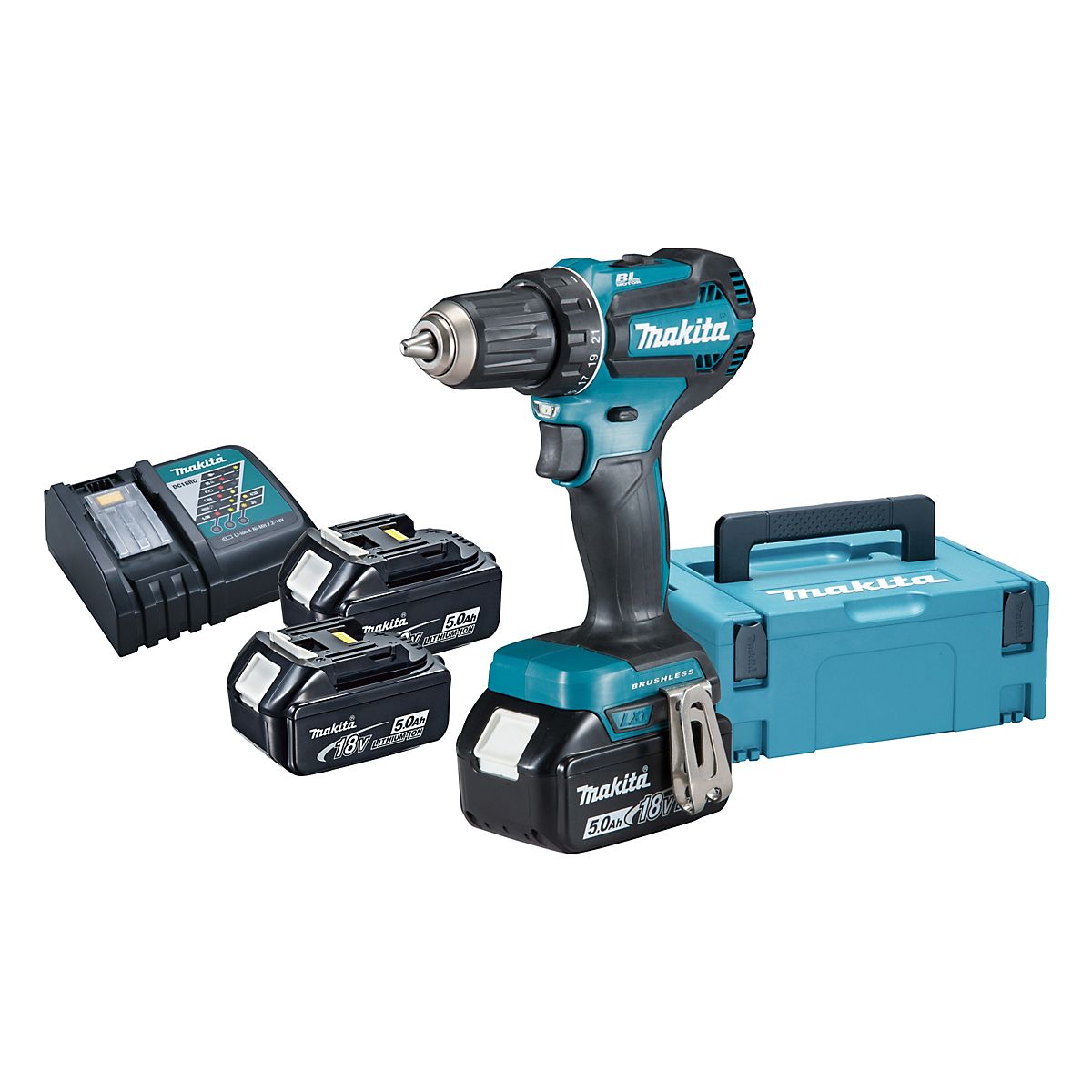 Makita bore-/skruemaskine 18V DDF485RTJ3, Inkl. kuffert, 3 stk 5,0Ah batterier & lader