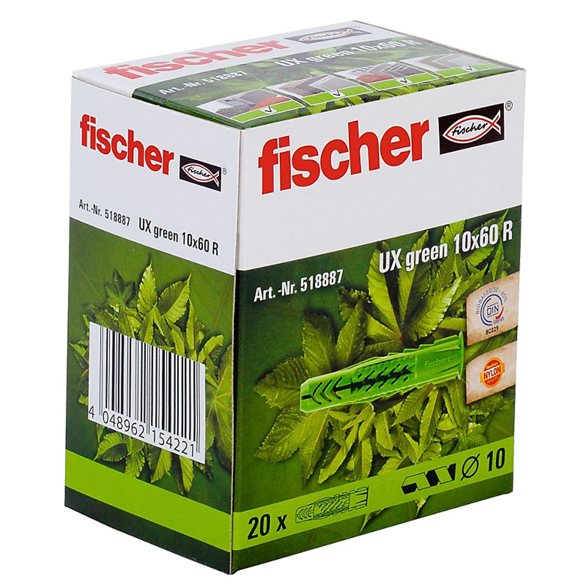 Fischer universal nylondybel UX 10x60 R Green, mindst 50% bæredygtigt mat. - pk a 20stk