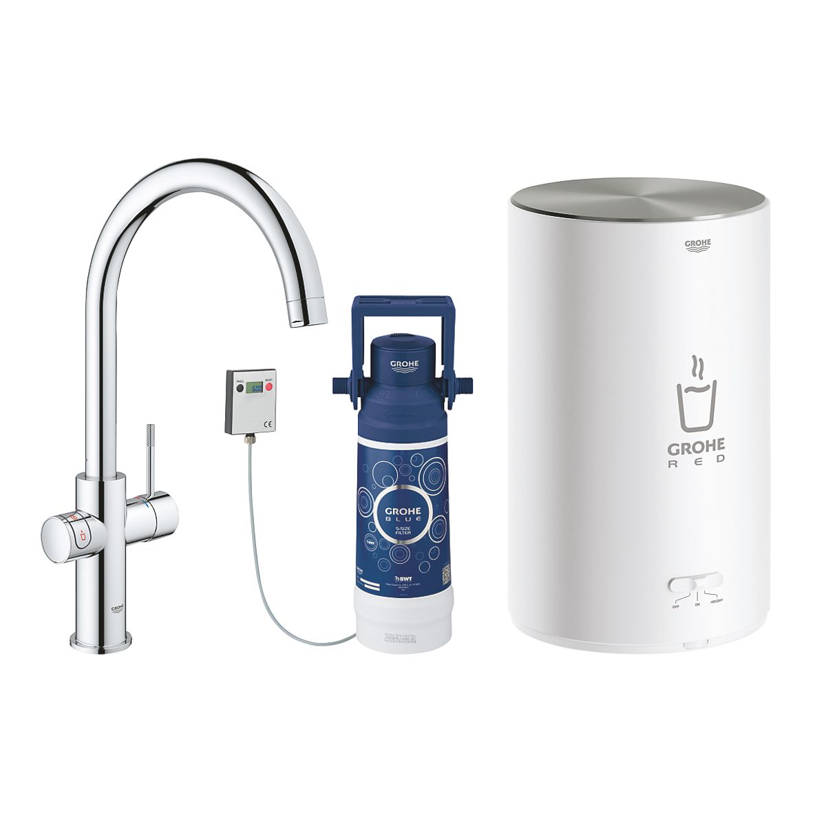 GROHE Red II Duo Køkkenarmatur med C-tud kedel i størrelse M. Med rund kedel