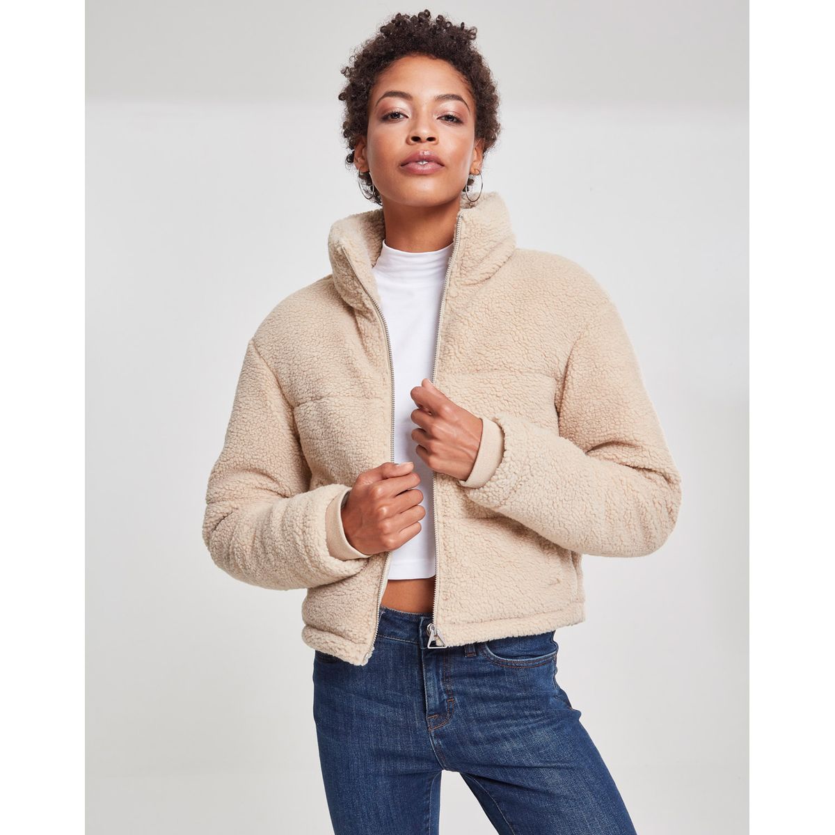 Urban Classics Dame Boxy Sherpa Puffer Jakke Mørk Sand