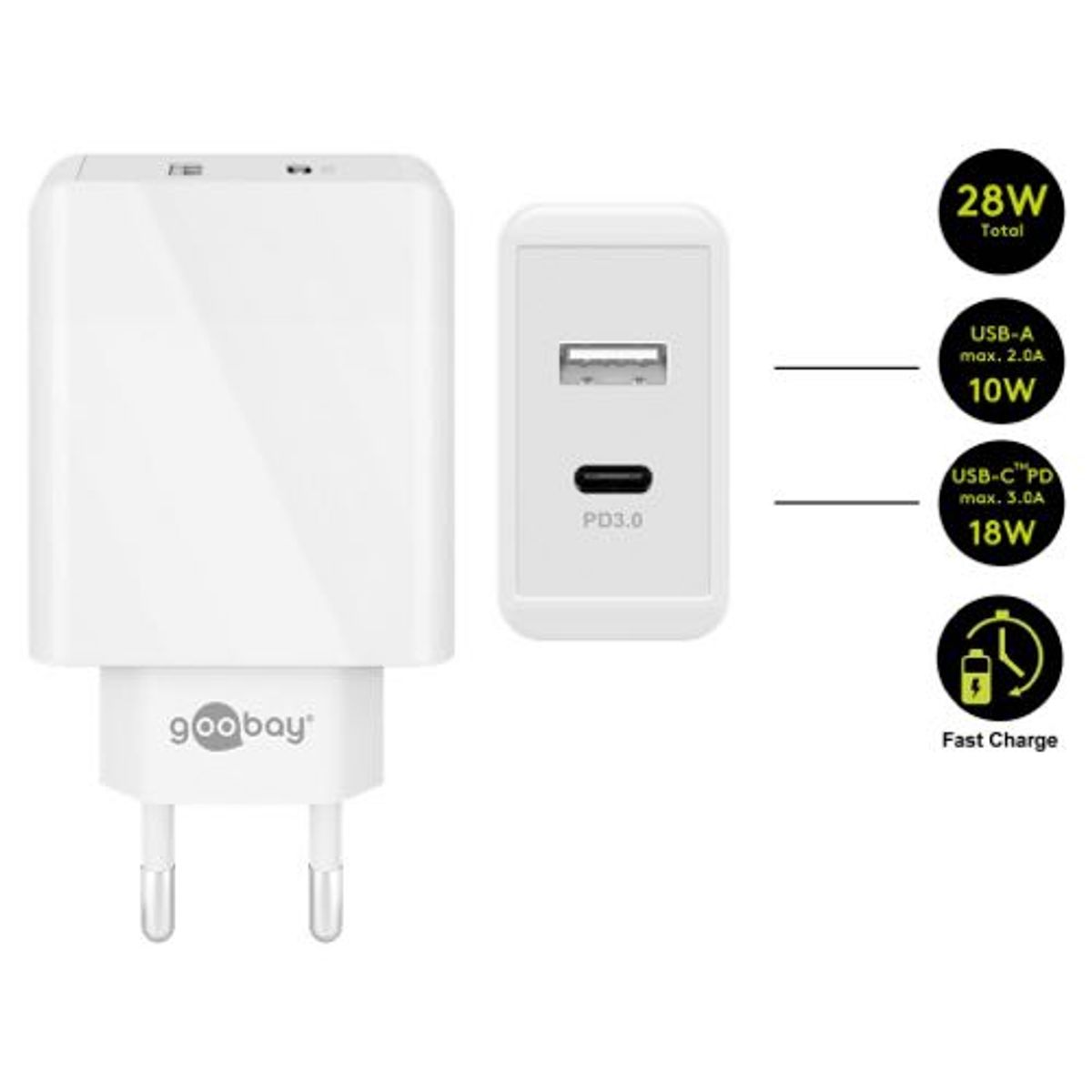 Goobay - Dual USB-C + USB-A Hurtig lader (5A/28W) (Han-Han) (Hvid) - 0,1 m