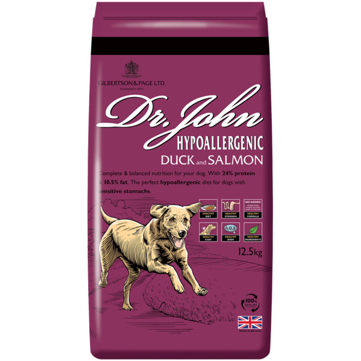 12,5 kg Dr. John Hypoallergenic Duck and Salmon - med and og laks