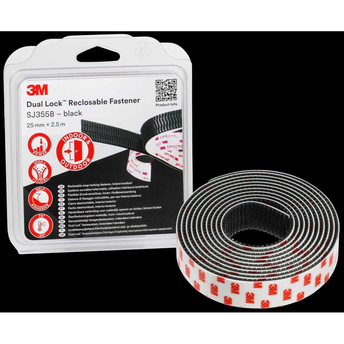 Burretape Dual-Lock SJ355B sort 25mm Ã 2,5mtr