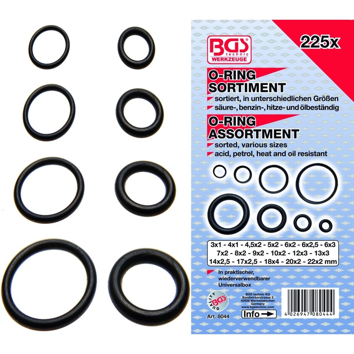 BGS O-ringssortiment 3-22mm. 225 dele