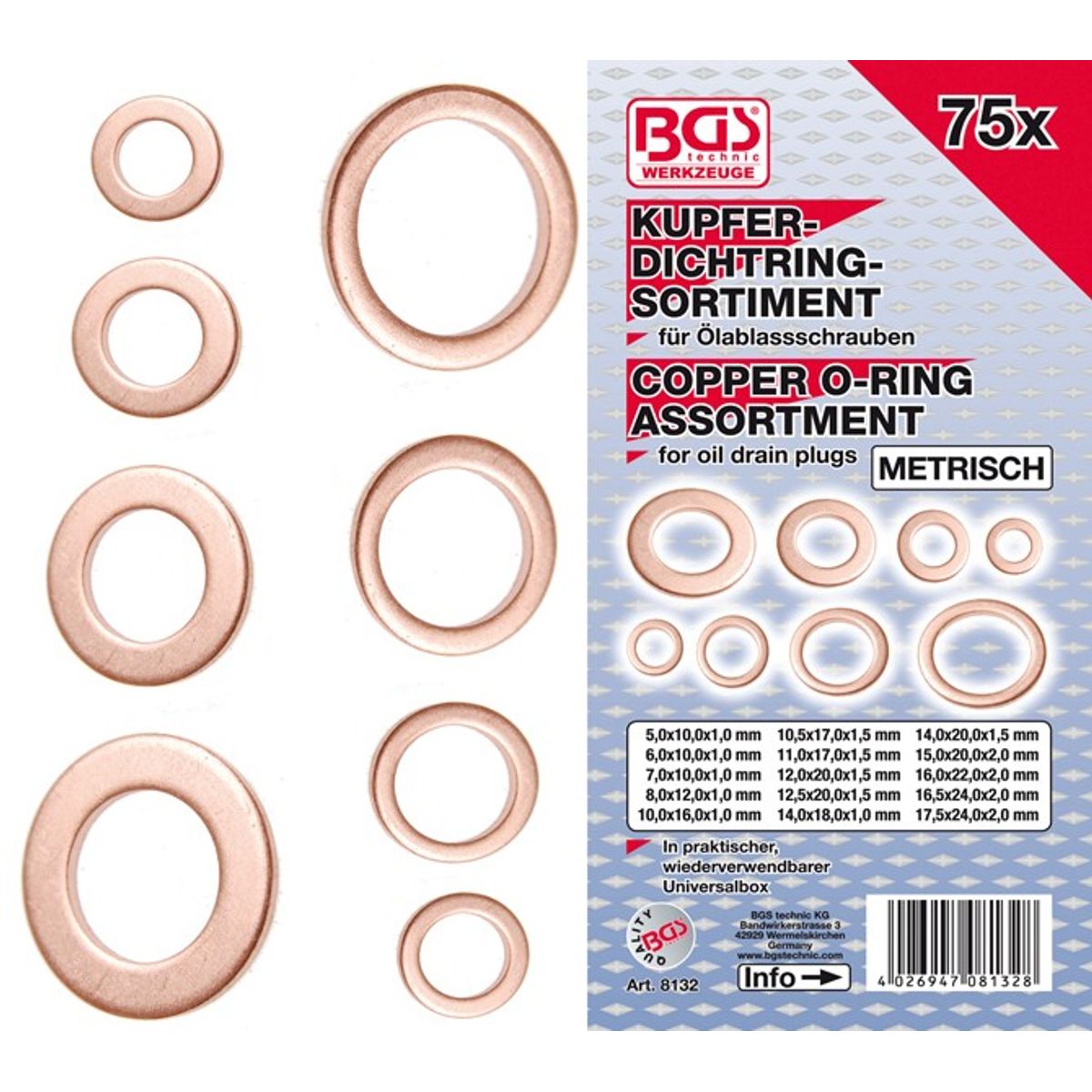 BGS Kobber pakningsringesortiment 5-17,5mm. 75 dele