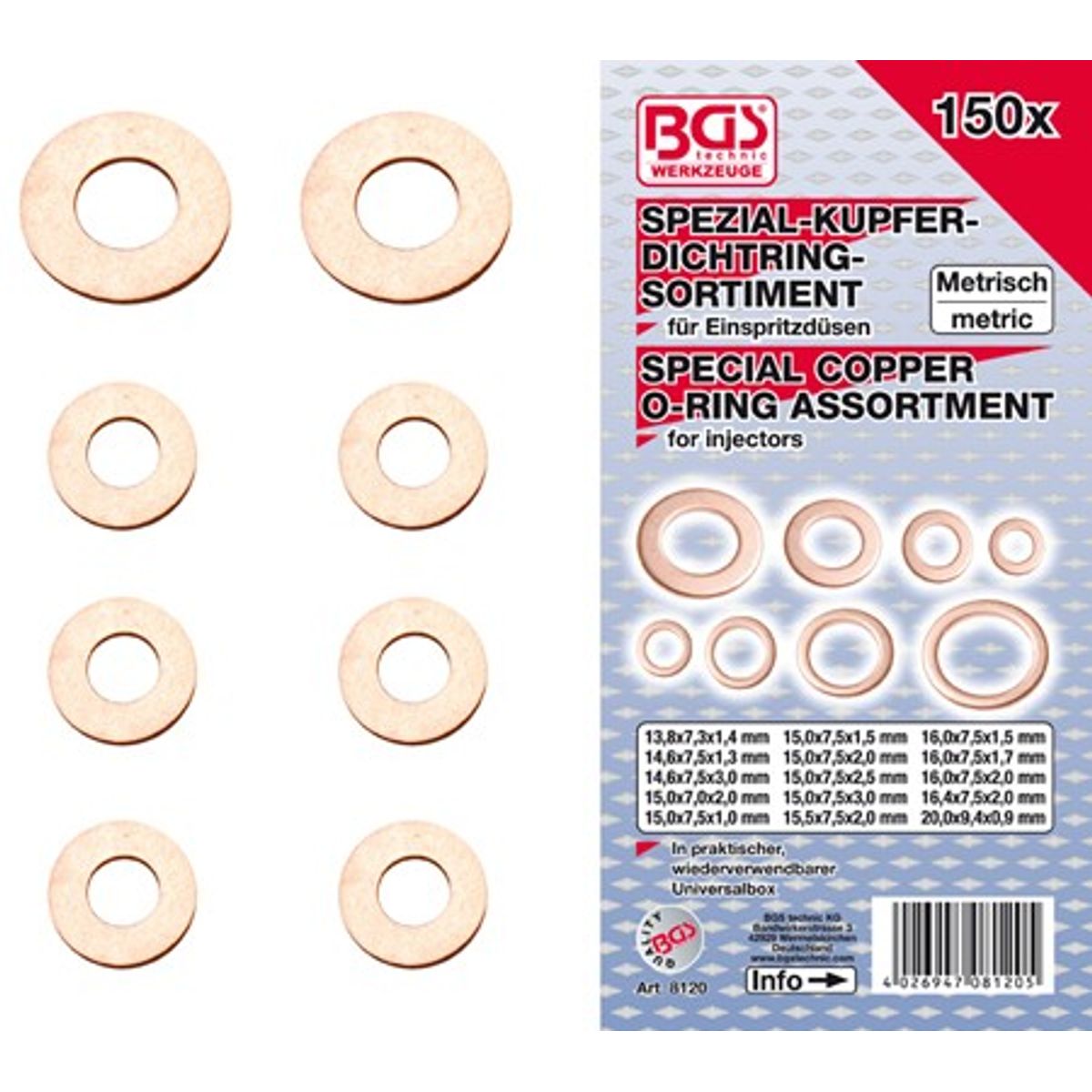 BGS Kobber ringsskiversortiment 13,8-20mm. 150 dele