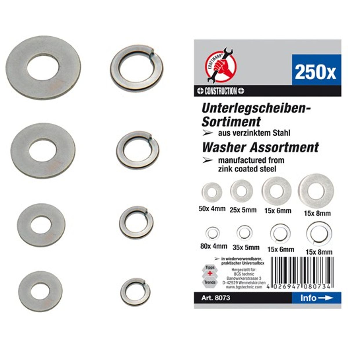 BGS Spændeskivesortiment alm/fjeder. 4-5-6-8mm. 250 dele