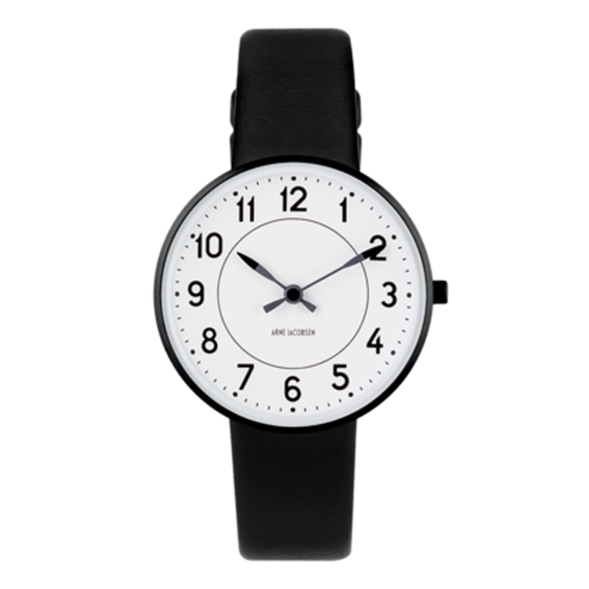 Arne Jacobsen Station Watch armbåndsur, ø34mm sort krans med sort rem