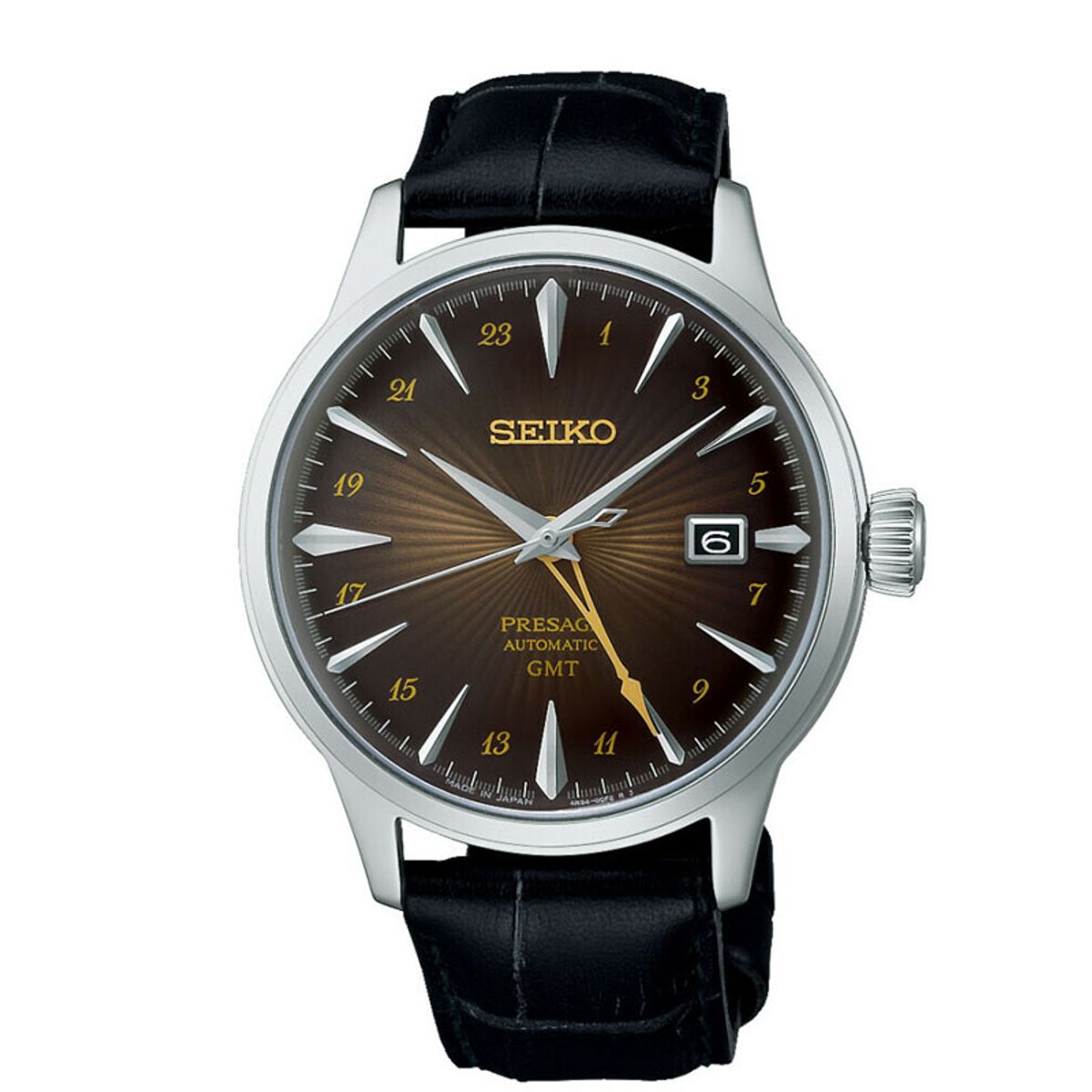 Seiko Presage automatic GMT herreur i stål med sort læderrem