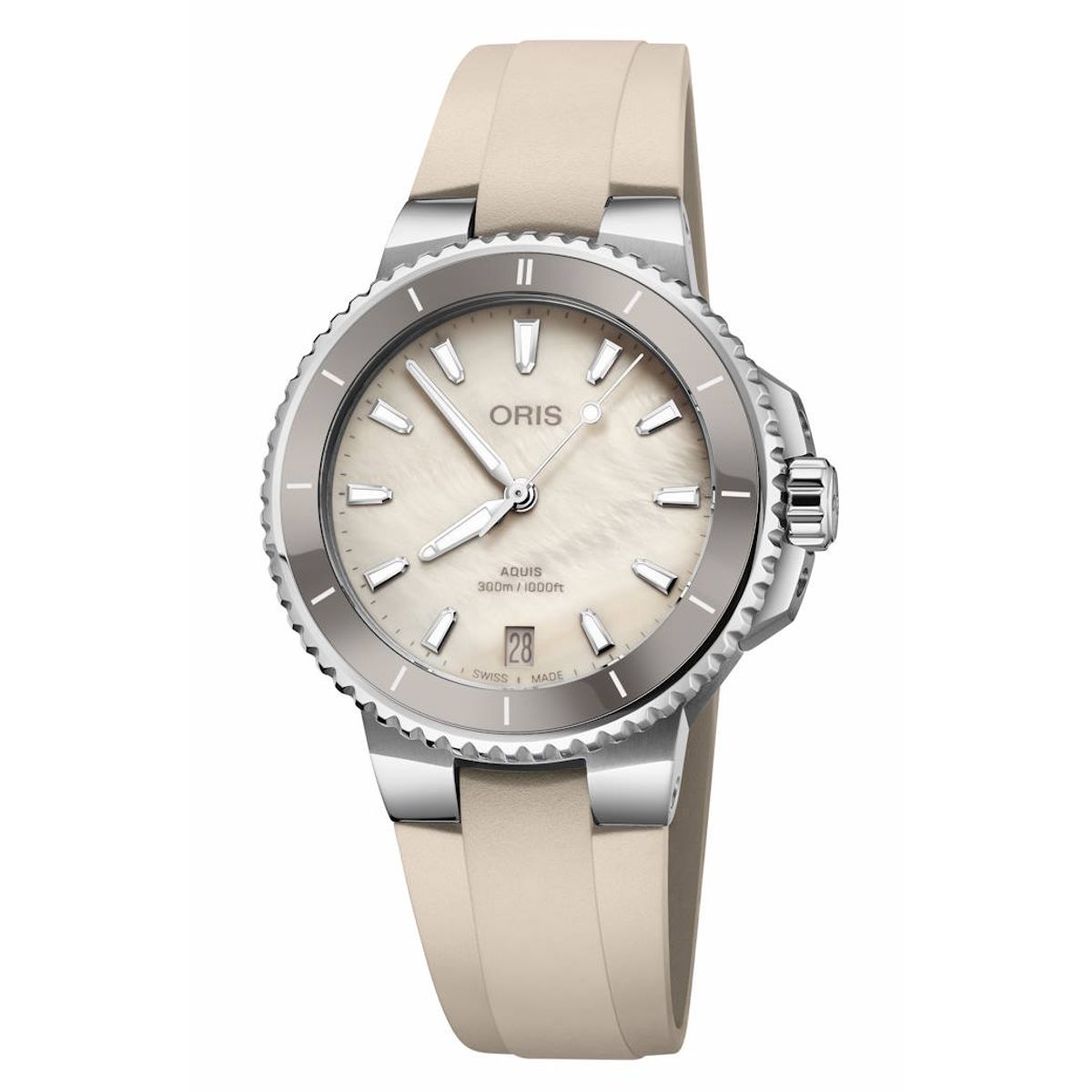 Oris Aquis Date creme perlemor med gummirem 36,5mm