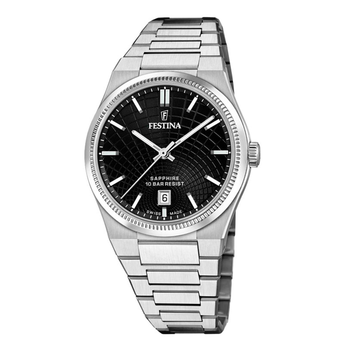 Festina Swiss Made Rivé herreur i stål med sort urskive