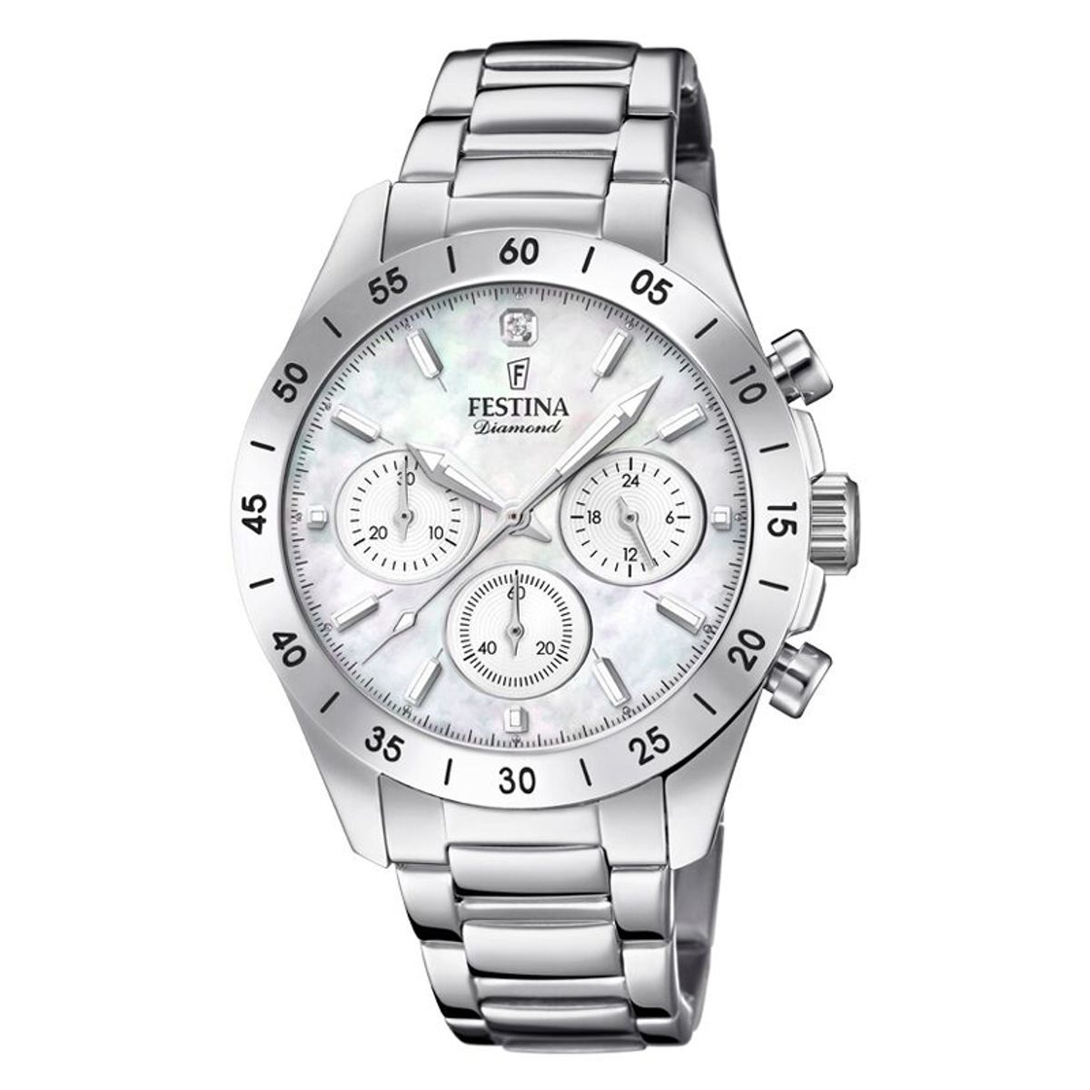 FESTINA Diamond chronograph armbåndsur i stål med perlemorsskive