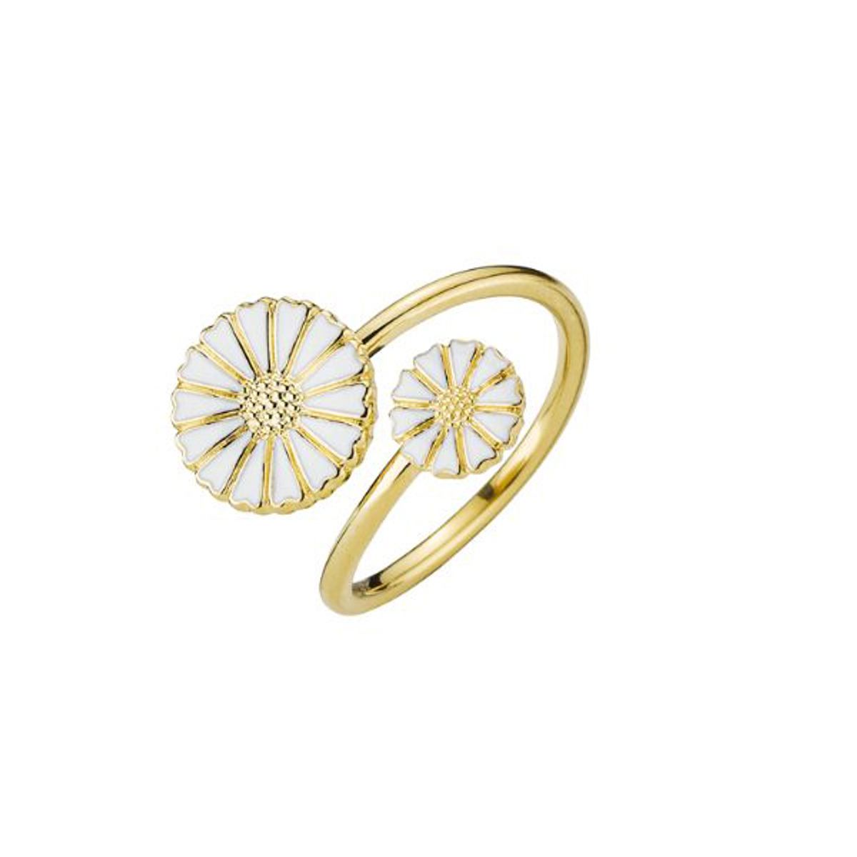 Lund Copenhagen Marguerit ring, 2 blomster i forgyldt med hvid emalje