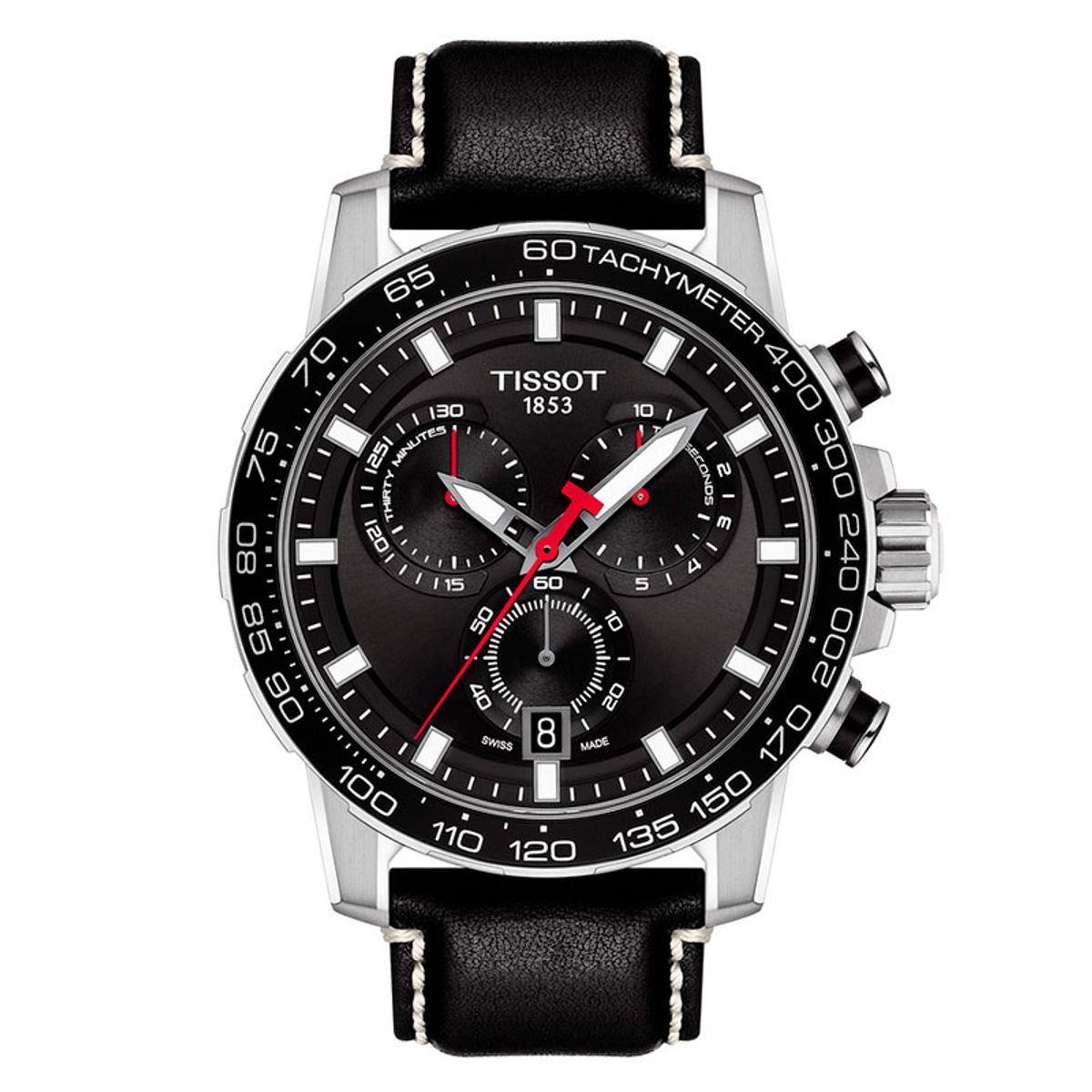 Tissot Supersport Chrono herreur i stål, læderrem og sort skive