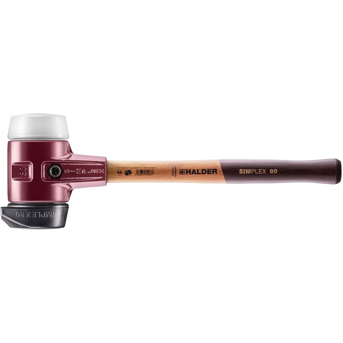 SIMPLEX soft-face mallet with cast steel housing and wooden handle, Ø 80, Rubber composition with "stand-up"/ Superplastic