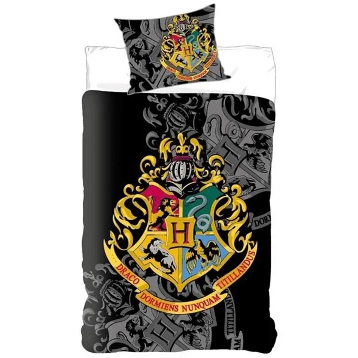 Harry Potter sengetøj - 140x200 cm - Guldfarvet Hogwarts våbenskjold - 2 i 1 design - 100% Bomulds sengesæt