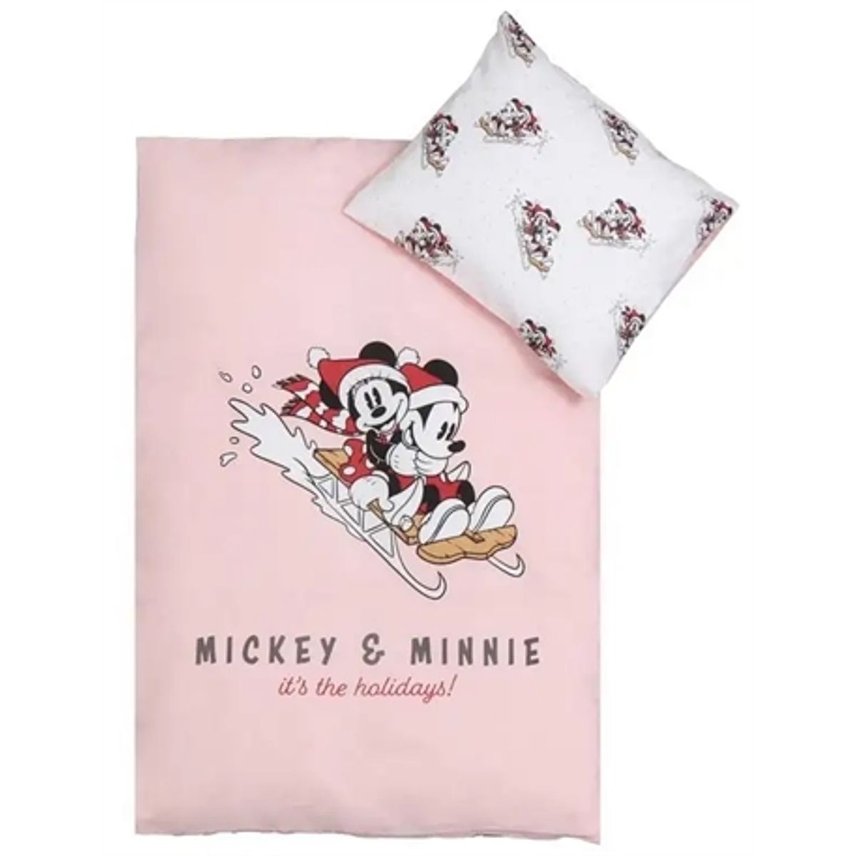 Julesengetøj til baby - 100% blødt bomuld - 70x100 cm - Mickey og Minnie mouse i sneen