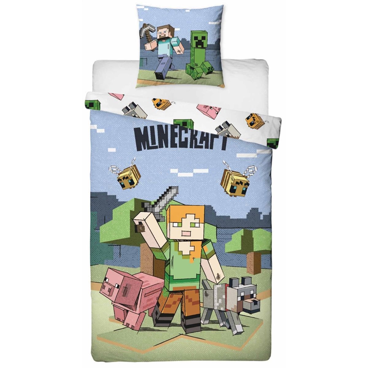 Minecraft sengetøj 100% blødt bomuld - 140x200 cm - Alex vendbart sengesæt 2 motiver - Dynebetræk med Minecraft