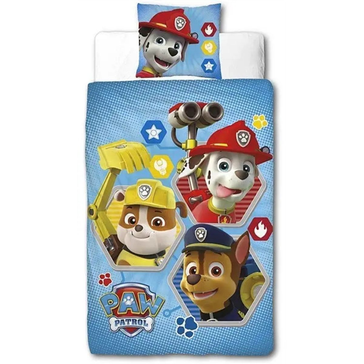 Paw Patrol sengetøj - 140x200 cm - Marshall, Rubble og Chase - Sengesæt med 2 i 1 design - 100% bomuld