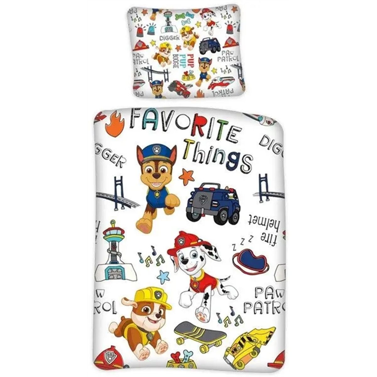 Junior sengetøj 100x140 cm - Paw Patrol - Favorite things - 2 i 1 design - 100% bomulds sengesæt