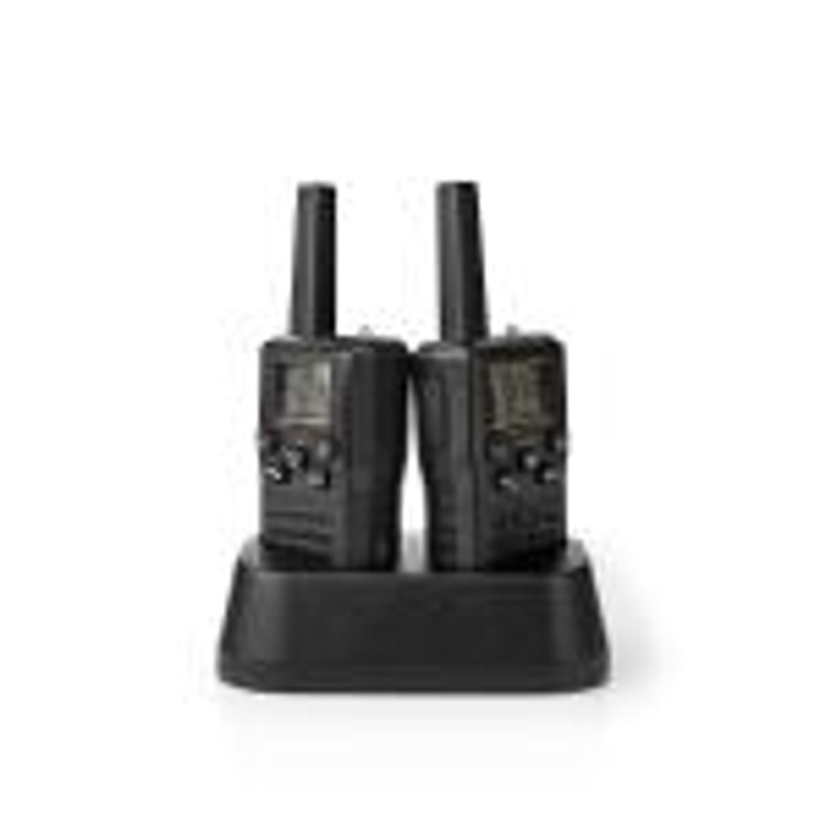 Nedis Walkie-talkie Set | 2 Håndsæt | Op til 10 KM | Frekvens kanaler: 8 | PTT / VOX | Op til 6 Timer | Opladningsstation inkluderet | Hovedtelefonudgang | Sort