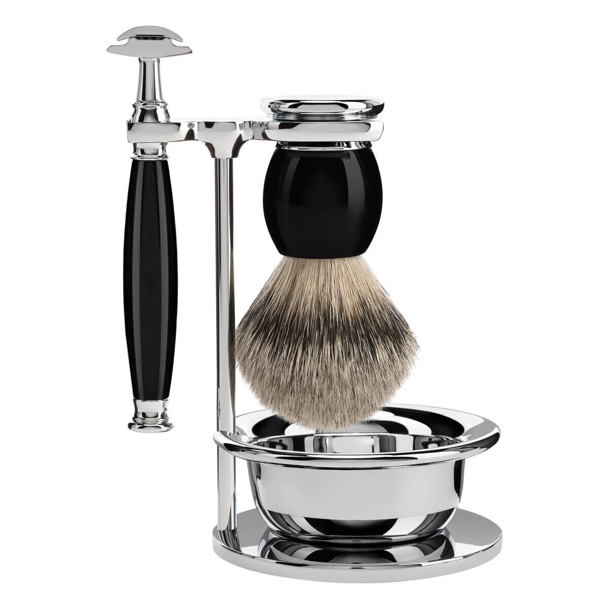 Mühle Barbersæt med DE-skraber, Silvertip Barberkost, holder og skål, Sophist, Sort Kunstharpiks