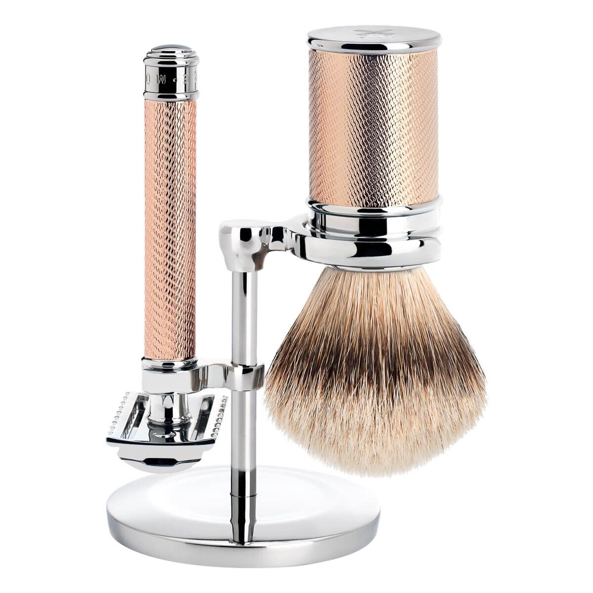 Mühle Barbersæt med DE-skraber (åben kam), Barberkost og holder, Traditional, Rosegold