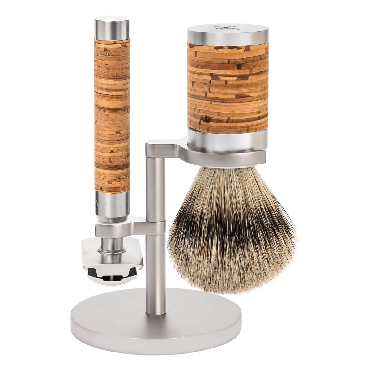 Mühle Barbersæt med DE-skraber, Barberkost og Holder, Rocca, Rustfrit stål & Birkebark