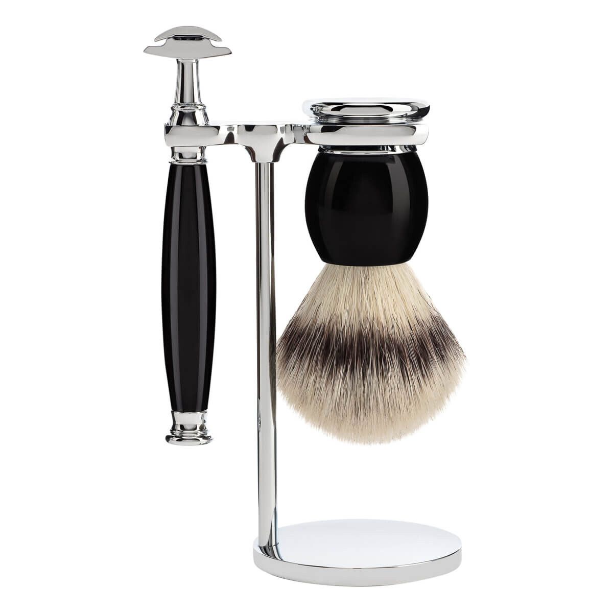 Mühle Barbersæt med DE-skraber, Silvertip Fibre ® Barberkost og Holder, Sophist, Sort Kunstharpiks