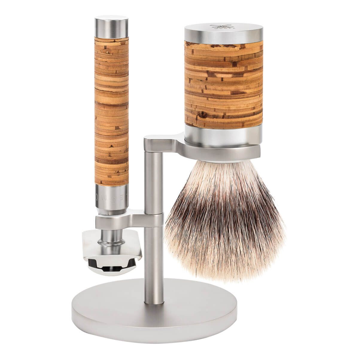 Mühle Barbersæt med DE-skraber, Fibre Barberkost og Holder, Rocca, Rustfrit stål & Birkebark