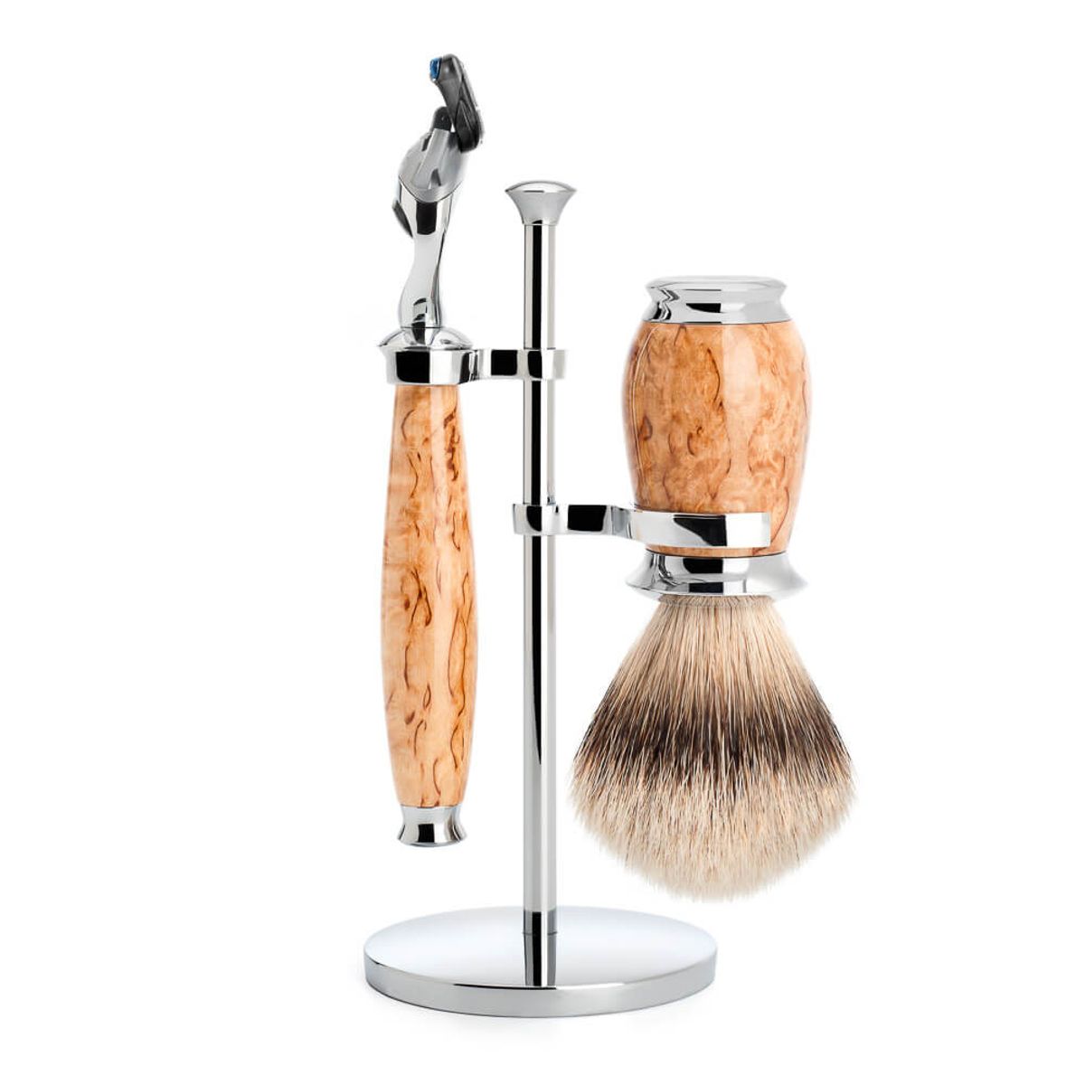 Mühle Barbersæt med skraber, Barberkost og holder, Purist, Karelian Burl Birk