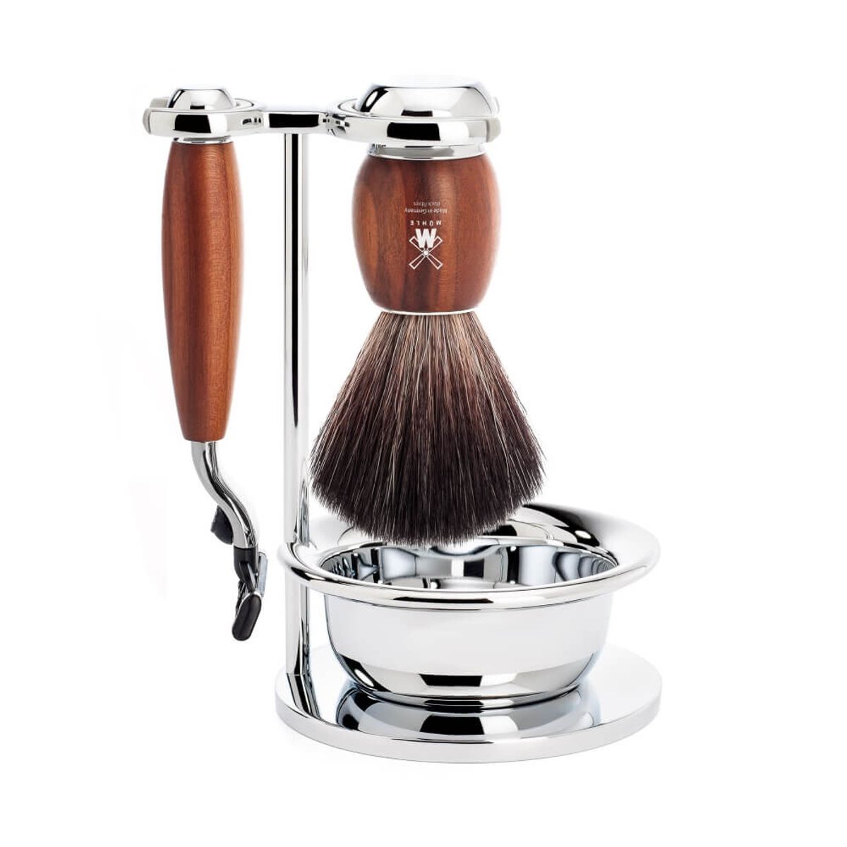 Mühle Barbersæt med Mach3 Skraber, Black Fibre Barberkost, Holder og Skål, Vivo, Blommetræ