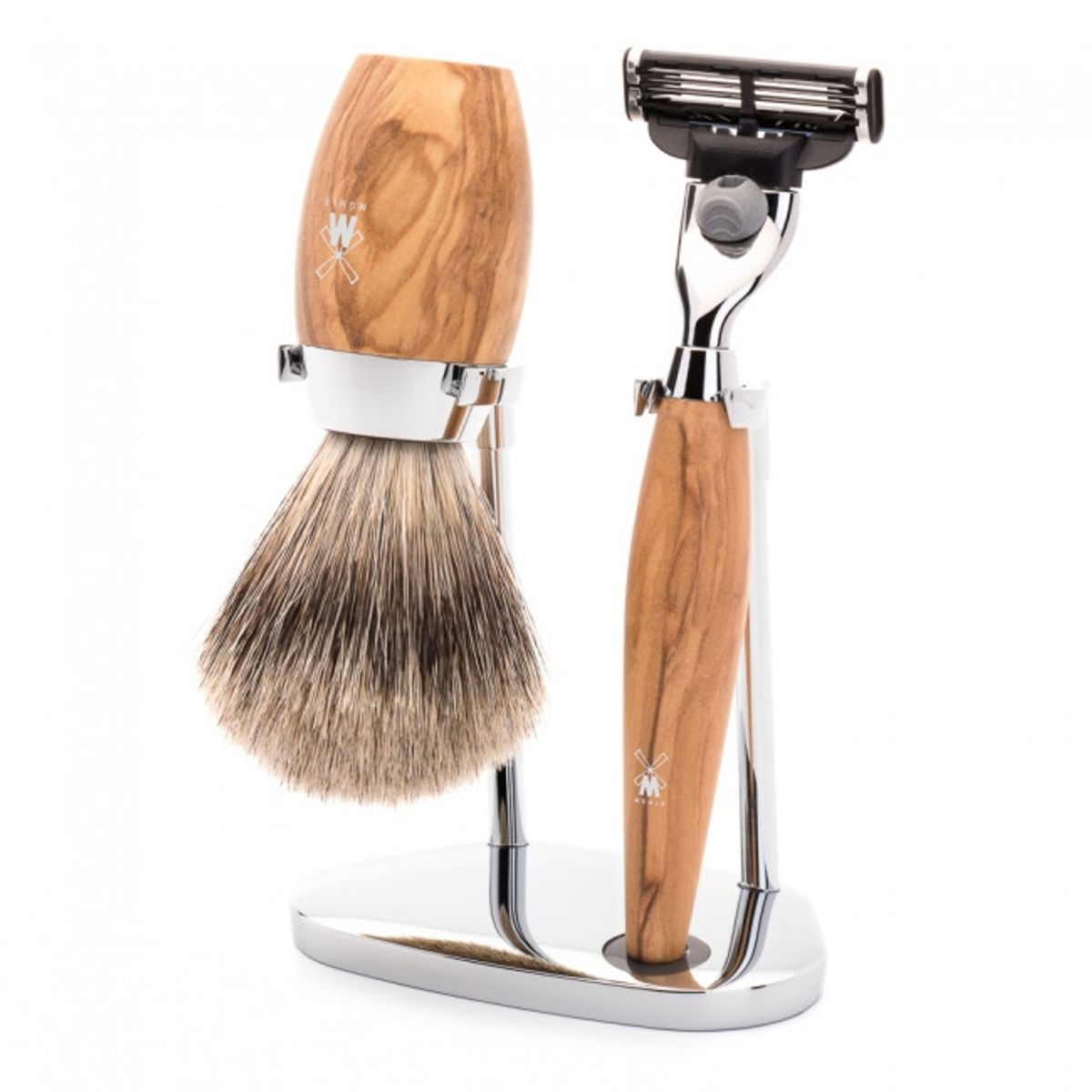 Mühle barbersæt med Mach3 Skraber, Barberkost og Holder, Kosmo, Oliventræ