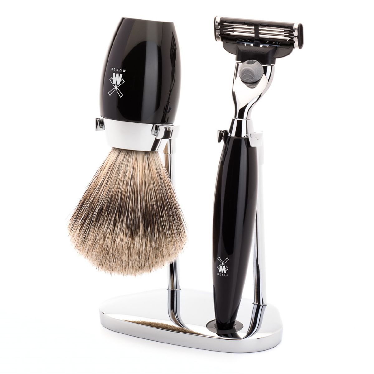 Mühle barbersæt med Mach3 Skraber, Fine Badger Barberkost og Holder, Kosmo, Sort Kunstharpiks