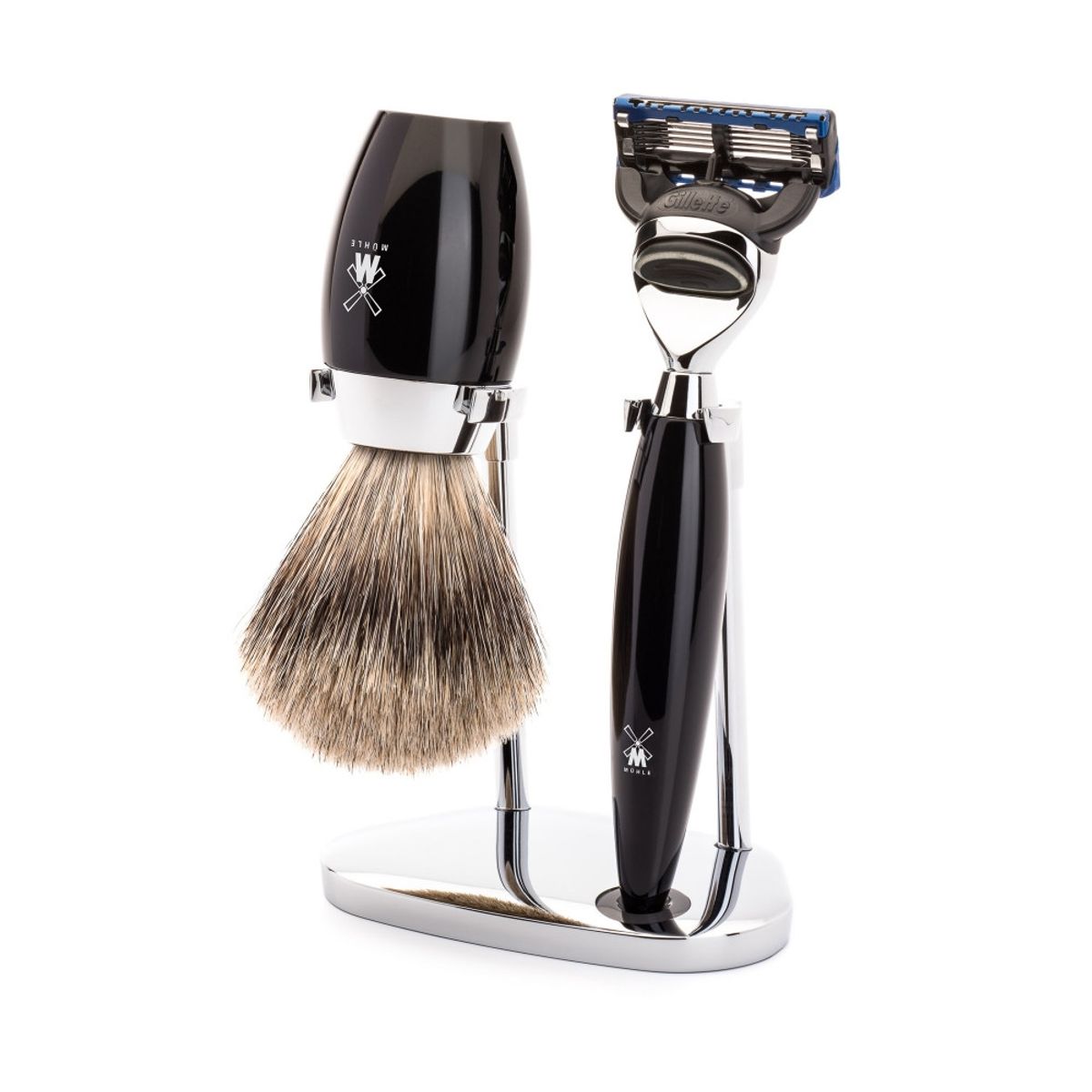 Mühle Barbersæt med Fusion Skraber, Fine Badger Barberkost og Holder, Kosmo, Sort Kunstharpiks