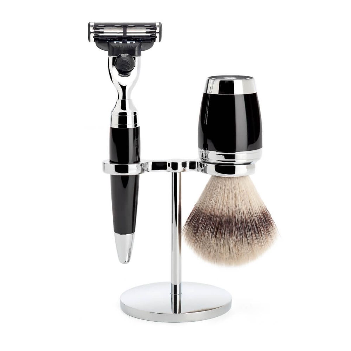 Mühle Barbersæt med Mach3 Skraber, Silvertip Fibre ® Barberkost og Holder, Stylo, Sort Kunstharpiks