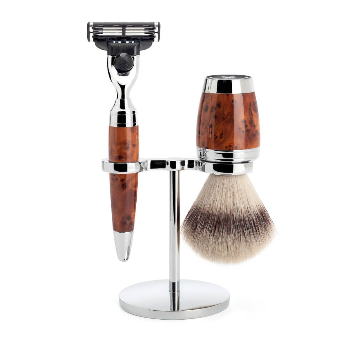 Mühle Barbersæt med Mach3 Skraber, Silvertip Fibre ® Barberkost og Holder, Stylo, Thuja Wood